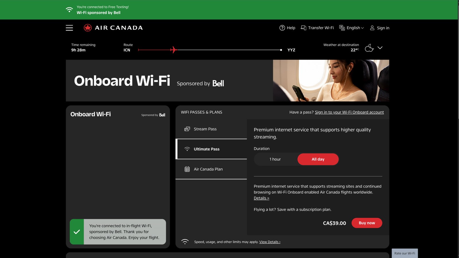 The Air Canada AC62 in-flight Wi-Fi portal showing Free Texting, the ICN-to-YYZ route, and a CA$39 Ultimate Pass.